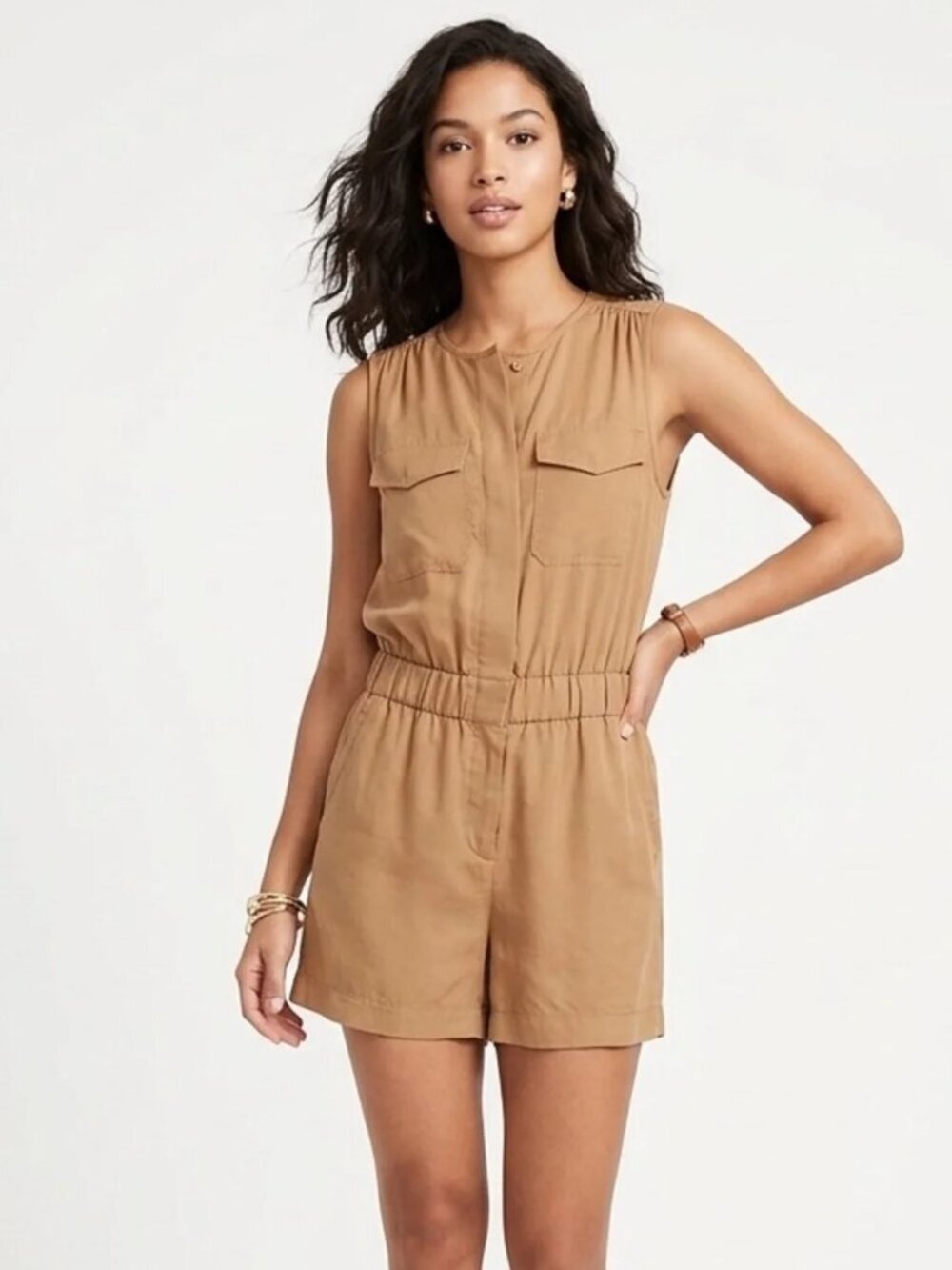 Banana Republic Sleeveless Utility Romper After Night Light Tan XL #A2642